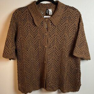 Brown Crochet Short Sleeve Button Front Cardigan (L) NWT